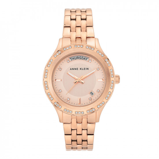 Rose Gold Link Watch With Crystal Details And Day-Date Function