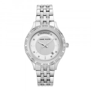 Silver Link Watch With Crystal Details And Day-Date Function