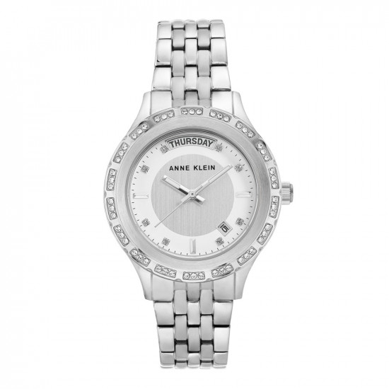 Silver Link Watch With Crystal Details And Day-Date Function