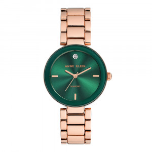 Rose Gold Link Bracelet Watch With Diamond Index And Green Dial