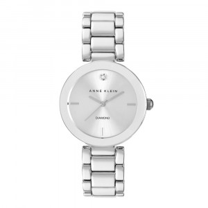 Diamond Accented Silver Tone Link Bracelet Watch