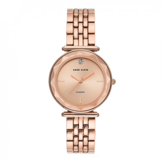 Rose Gold Tone Link Bracelet Watch With Faceted Lens