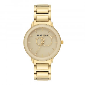 Gold Tone Link Watch With Circle Hands And Tan Dial