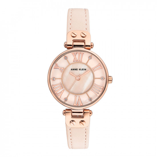 Light Pink Leather Strap Watch With Pink Mother Of Pearl Dial