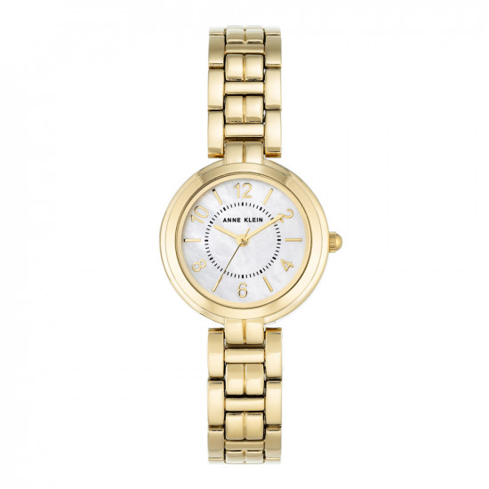 Simple Gold Tone Link Watch With White Pearl Dial