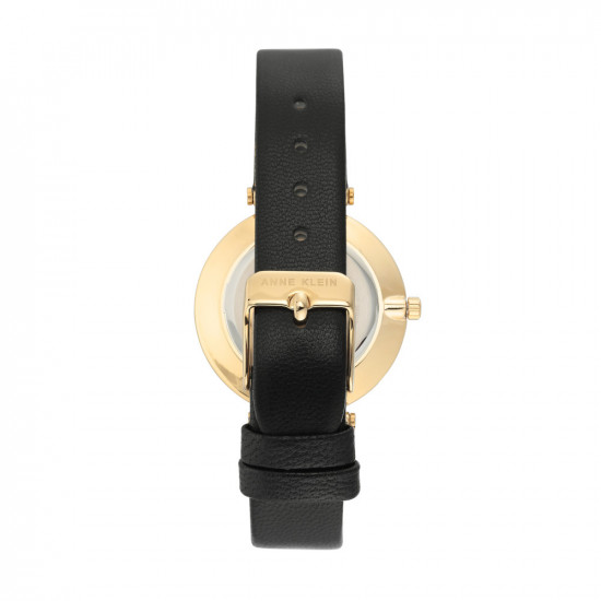 Goldtone And Black Leather Strap Watch